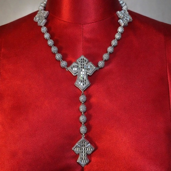 Silver rosary beaded Cross Necklace 16inch